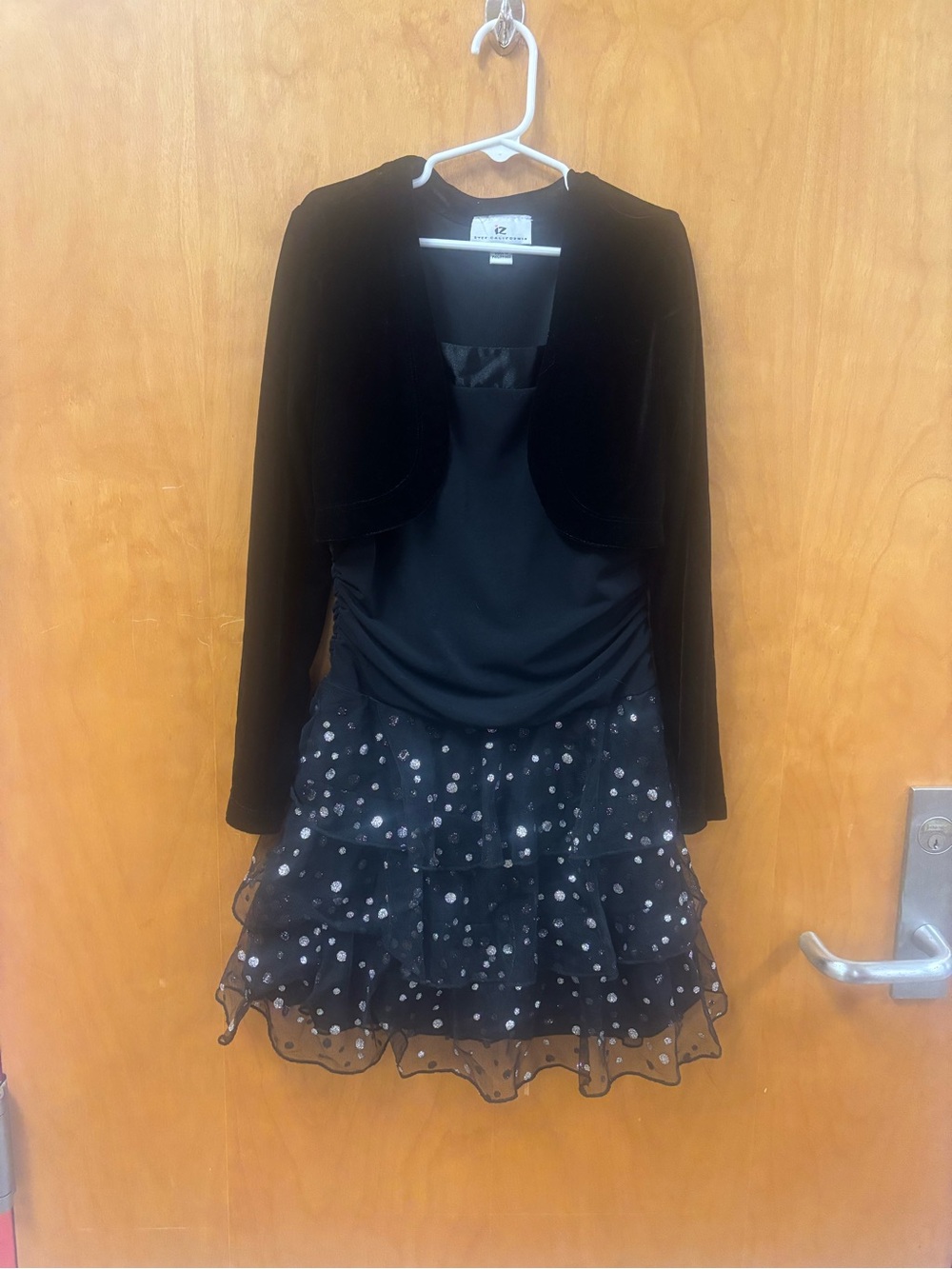 Iz Byer Black Sequin Tiered Dress with Bolero